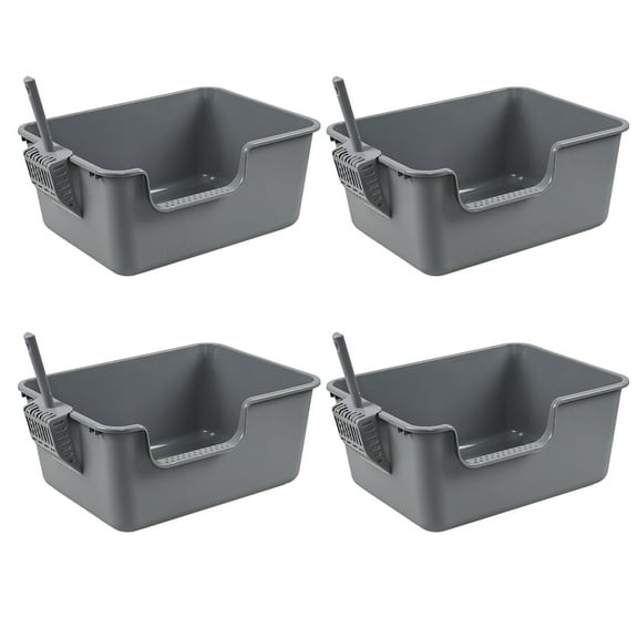 Kekow 4-Pack Anti-Splashing Kitty Litter Box with Scoop, Plastic Open High Sided Cat Litter Box, Gray