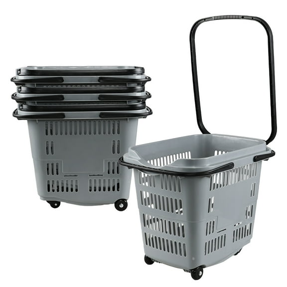Kekow 50 L Large Plastic Shopping Basket with Wheels, 4 Pack Plastic Rolling Shopping Basket with Wheels and Handle, Gray