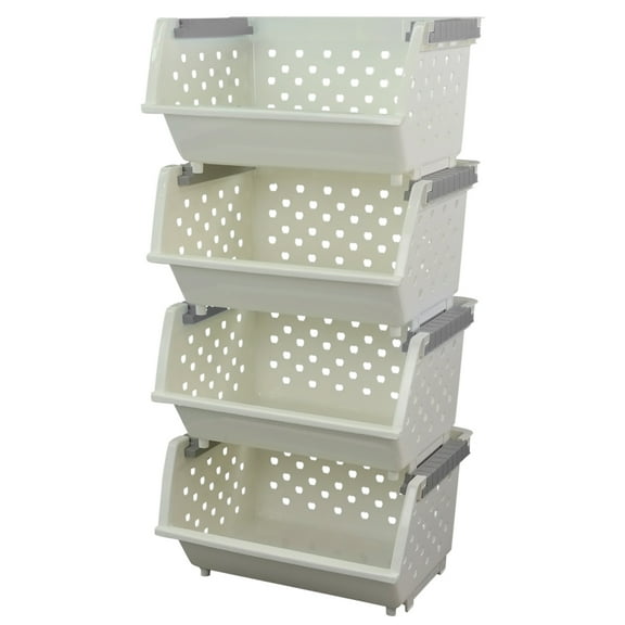 Kekow Large Plastic Stacking Organizer Basket, White, Set of 4