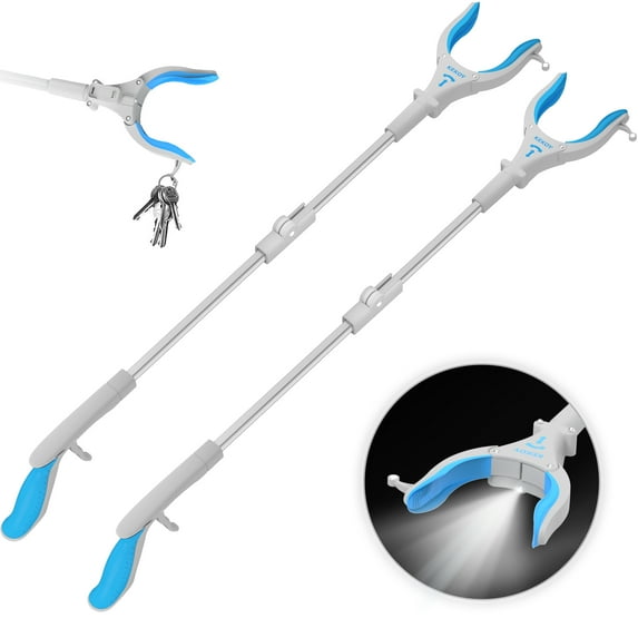 Kekoy 2 Pack Reacher Grabber Tool, 32" Grabbers for Elderly, Trash Picker Grabber with Light, Extended Claw Grabber Reacher Tool, Foldable Pickup Grab Tool, Pick up Sticks Grippers for Reaching, Blue
