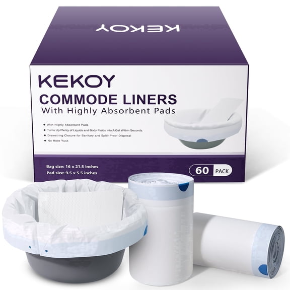Kekoy Commode Liners with Absorbent Pads 60 Pack, Bedside Commode Liners, Extra-Thick & Leak-Proof Commode Bags, Disposable Potty Liners Universal Fit for Home & Hospital