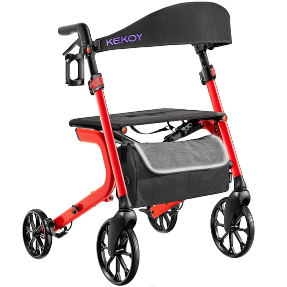 KEKOY Heavy-Duty Rollator Walker with Seat for Seniors, Walkers for Seniors with Seat, 500 lbs, Extra-Wide 19.5" Padded, K-Frame Reinforced, 10" TPR All-Terrain Wheels, Hidden Brake Cables, Red