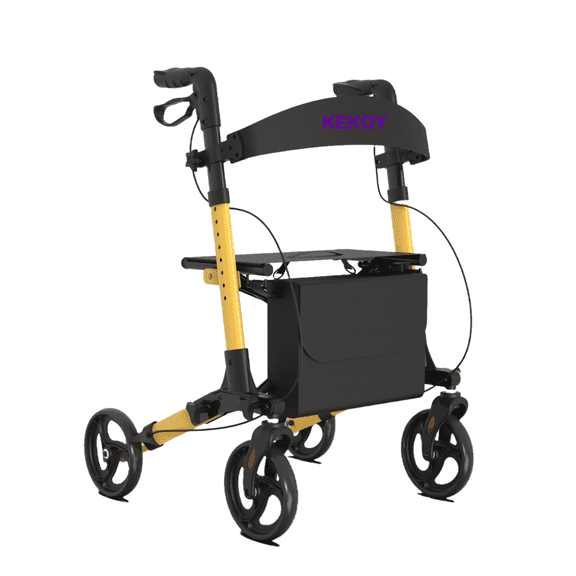Kekoy Foldable Rollator Walkers for Seniors with Seat 350 lb, Adjustable Handles and Backrest Height, FSA eligible Adult Aluminum Rolling Mobility Walker, 8" Big Wheels, Yellow