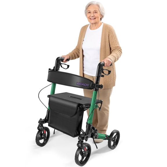 KEKOY Walkers for Seniors Foldable Mobility Rollator with Seat 350 lb, Adjustable Handles and Backrest Height, Adult Aluminum Rolling Walker, 8" Big Wheels, Green