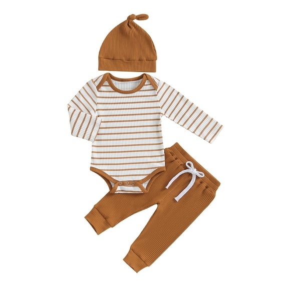 KelaJuan Baby Clothing Set, Long Sleeve Crew Neck Striped Romper with Pants and Hat Infant Clothes