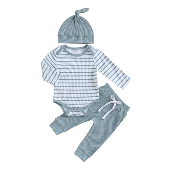 KelaJuan Baby Clothing Set, Long Sleeve Crew Neck Striped Romper with Pants and Hat Infant Clothes