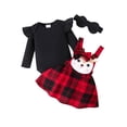 thumbnail image 1 of KelaJuan Baby Girl Christmas Outfits Solid Color Long Sleeve Rompers Deer Patch Plaid Suspender Skirts Headband 3Pcs Clothes Set, 1 of 6