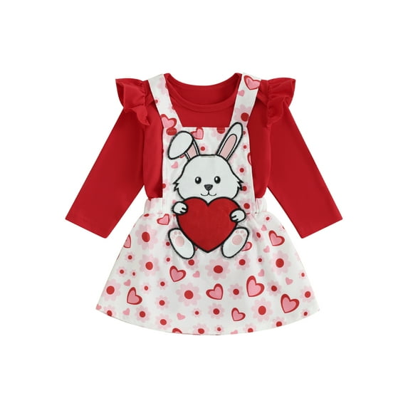 KelaJuan Baby Girl Valentineacute;s Day 2Pcs Outfit Long Sleeve Romper with Bunny Embroidery Suspender Skirt