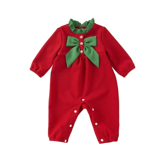 KelaJuan Baby Girls Christmas Romper Contrast Color Cute Bow Long Sleeve Jumpsuits for Newborn Infant Toddler Cute Clothes