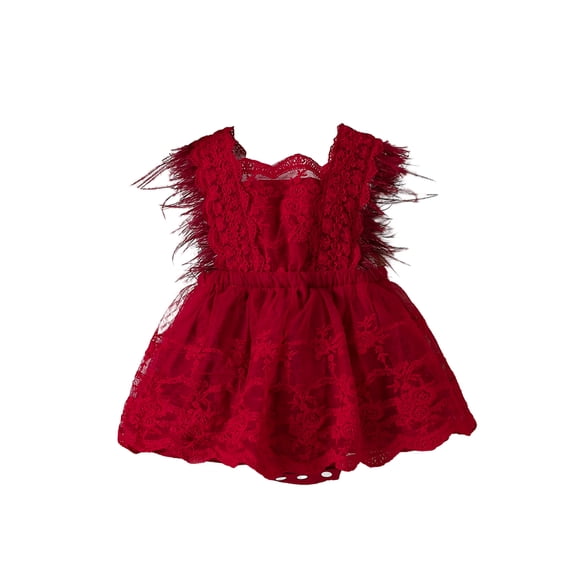 KelaJuan Baby Girls Summer Romper Dress Infant Sleeveless Feather Decor Sweet Lace Romper