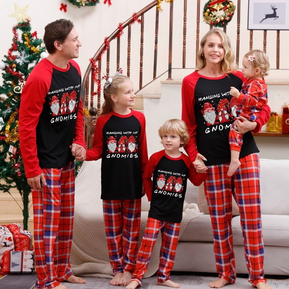 KelaJuan Christmas Pajamas for Family Long Sleeve Gnome Print Tops + Buffalo Plaid Pants Set Winter Sleepwear