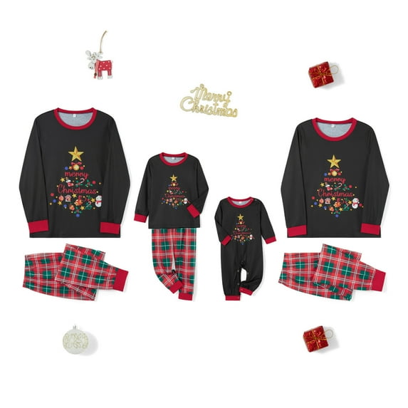 KelaJuan Christmas Pajamas for Family, Long Sleeve Star Tree Print Tops + Plaid Pants Set Sleepwear Loungewear