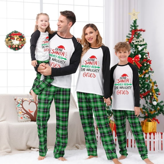 KelaJuan Family Matching Christmas Pajamas, Romper/ Letter Print Long Sleeve Tops and Plaid Pants Sleepwear Set