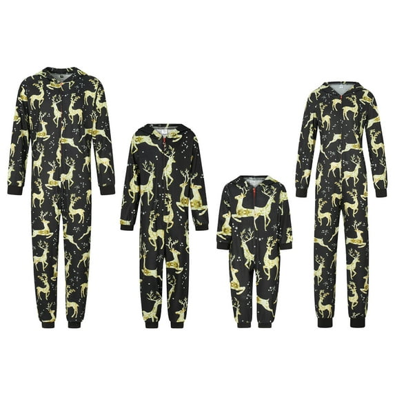 KelaJuan Family Matching Clothes Christmas Sleepwear, Cartoon Elk/Snowman Print Long-Sleeve Zipper Hood One-Piece Jumpsuit
