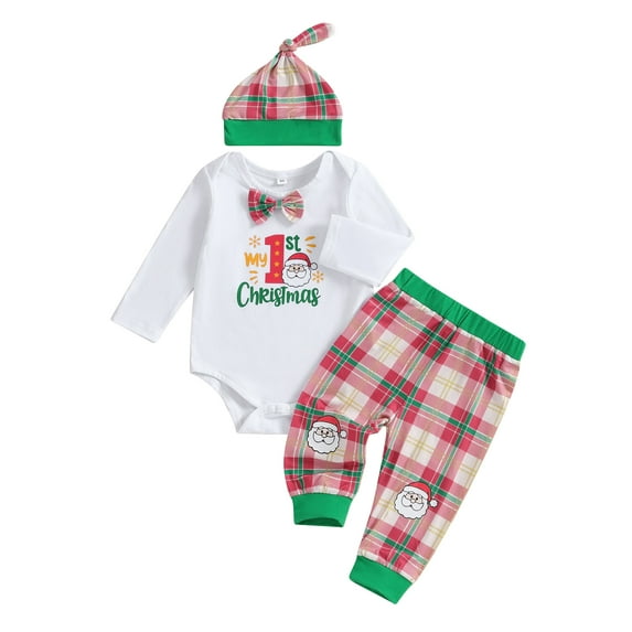 KelaJuan Infant Baby Christmas Jumpsuit Outfits Letter Print Long Sleeve Romper with Plaid Pattern Pants and Hat