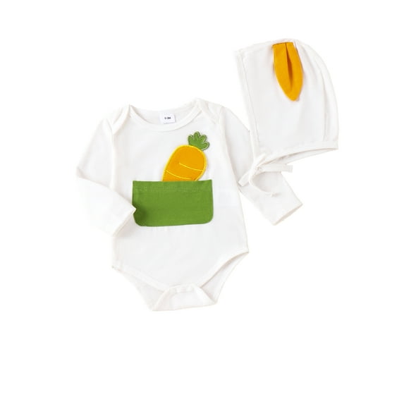 KelaJuan Infant Baby Easter Jumpsuit Carrot Applique Pattern Round Neck Long Sleeve Romper with Bunny Hat for Boys Girls