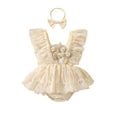thumbnail image 1 of KelaJuan Infant Baby Girls Summer Lace Romper Dress 3D Flower Flying Sleeve Square Neck Jumpsuit with Bow Headband, 1 of 6