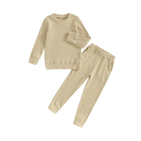 KelaJuan Kid Girl Boy Fall Clothes Solid Color Ribbed Long Sleeve Sweatshirt Tops Pants Set 2Pcs Outfit