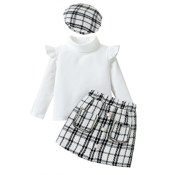 KelaJuan Kid Girl Fall 3Pcs Outfit Ruffled Long Sleeve High Neck Tops Plaid Skirt Beret Set Elegant Clothes