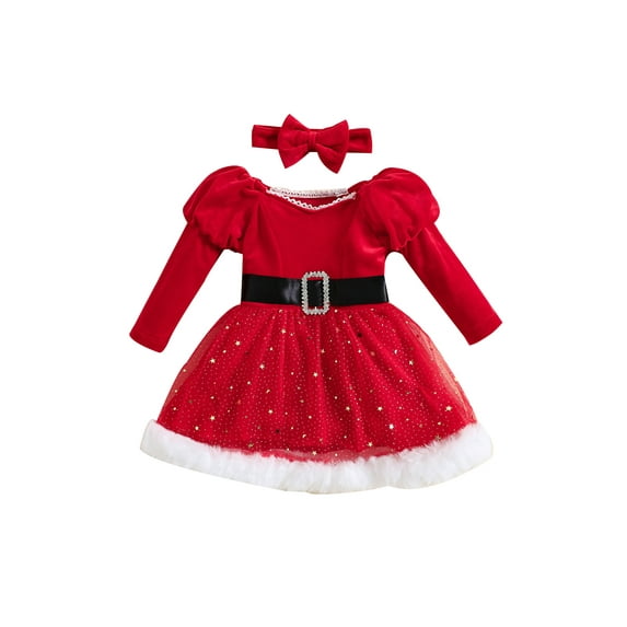 KelaJuan Kids Girl Christmas Outfit, Long Sleeve Stars Patchwork Dress with Bow Headband for Cosplay Party
