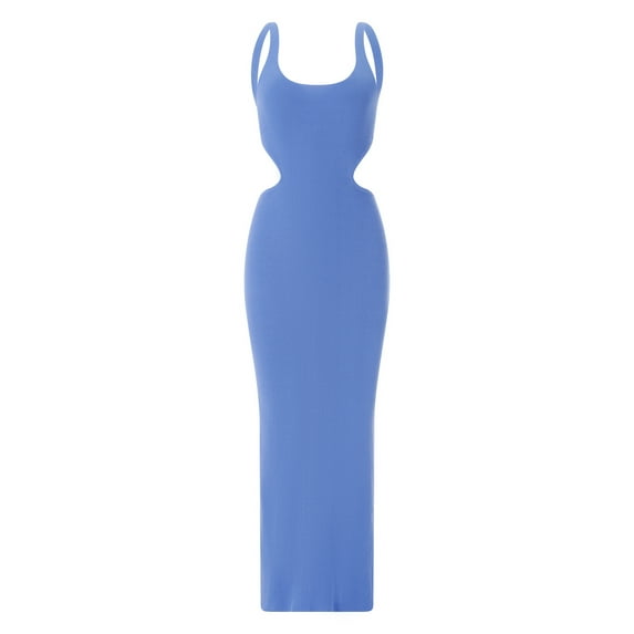 KelaJuan Ladies Elegant Knitted Dress,Striped/Solid Color U-neck Waist Hollow Sleeveless Backless Tie Up Long Skirt