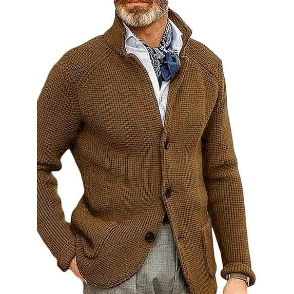 KelaJuan Men Long Sleeve Cardigan Solid Color Stand Collar Button Down Sweaters Fall Winter Knitted Coats with Pockets