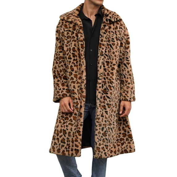 KelaJuan Men’s Faux Fur Coat Winter Warm Long Sleeve Leopard/Zebra Print Long Jacket Open Front Overcoat
