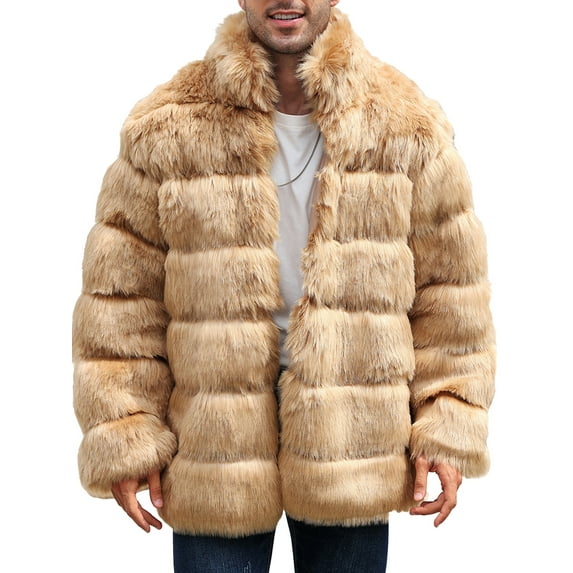 KelaJuan Men's Luxury Faux Fur Coat Jacket Stand Collar Open Front Long Sleeve Winter Warm Coats Overcoat Outwear