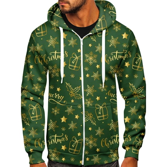KelaJuan Men's Spring Autumn Loose Hoodie Long Sleeve Christmas Patterned Casual Zip Up Hooded Sweatshirt