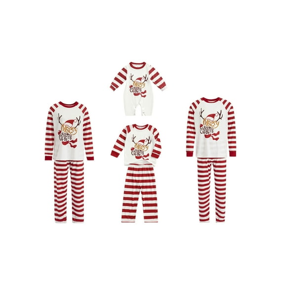 KelaJuan Parent-Child Xmas Nightclothes Set, Long Sleeve Round Neck Elk Print Tops +Red Striped Trousers