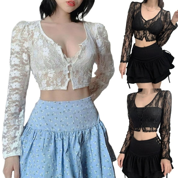 KelaJuan Sweet Sexy Girl Floral Lace See Through Cardigan Shirt Women Long Sleeve V Neck Slim Crop Top Beach Club Single Breasted Blouse