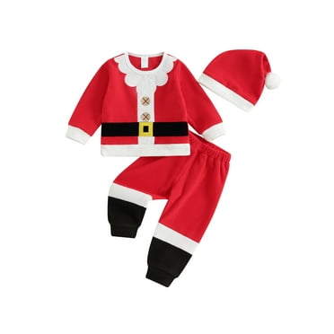 KelaJuan Toddler Baby Christmas Santa Costume Contrast Color Round Neck Long Sleeve Tops   Pants   Hat
