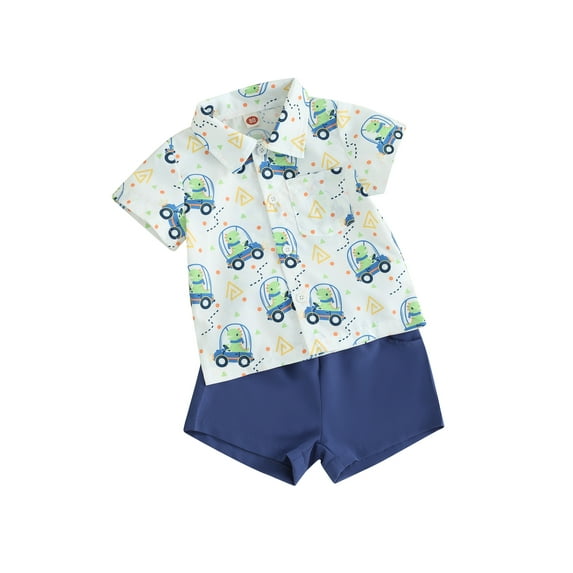 KelaJuan Toddler Boy Summer Clothes Dinosaur Print Short Sleeve Button Down Shirt with Solid Color Shorts 2Pcs Outfit