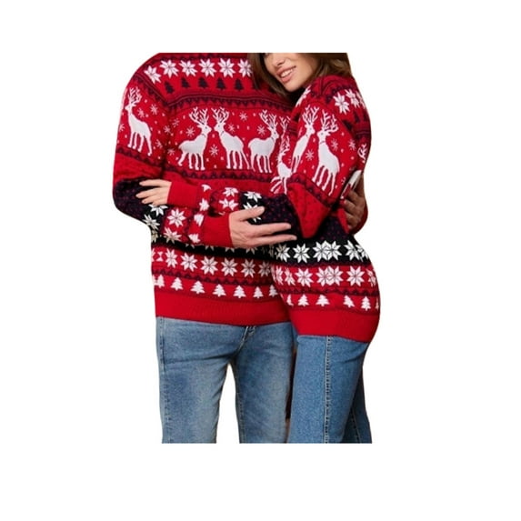 KelaJuan Unisex Christmas Sweater Winter Couple Long Sleeve Round Neck Reindeer Pattern Classic Fit Knit Tops