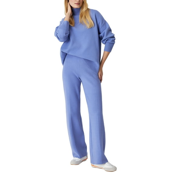 KelaJuan Women 2 Piece Outfits Solid Color Turtleneck Sweater Tops and Wide Leg Pants Set Streetwear Aesthetic Clothes