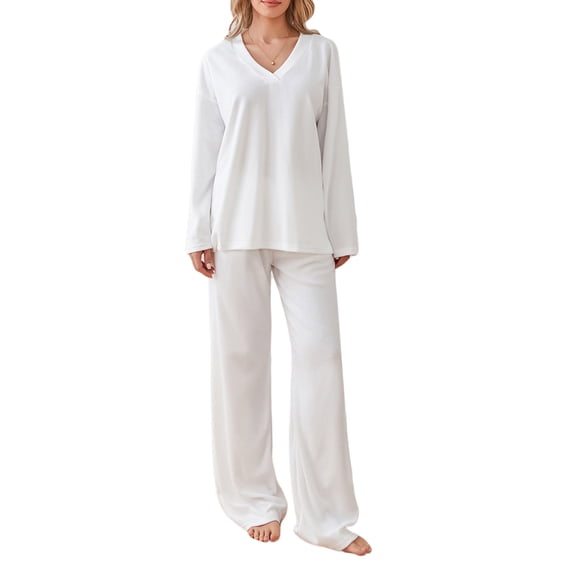 KelaJuan Women 2pcs Pajamas Set Solid Color V-neck Loose Long Sleeve Pullover Shirt and Casual Elastic Pants Sleepwear