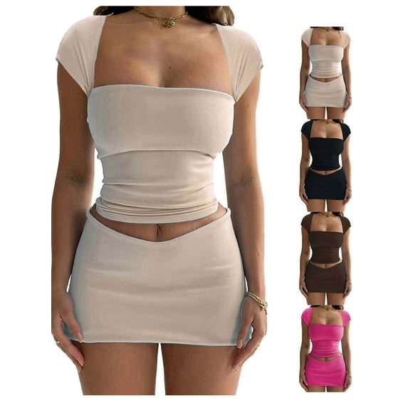 KelaJuan Women 2pcs Summer Outfits Solid Color Backless Short Sleeve T-shirt and Casual Elastic Mini Skirt Set