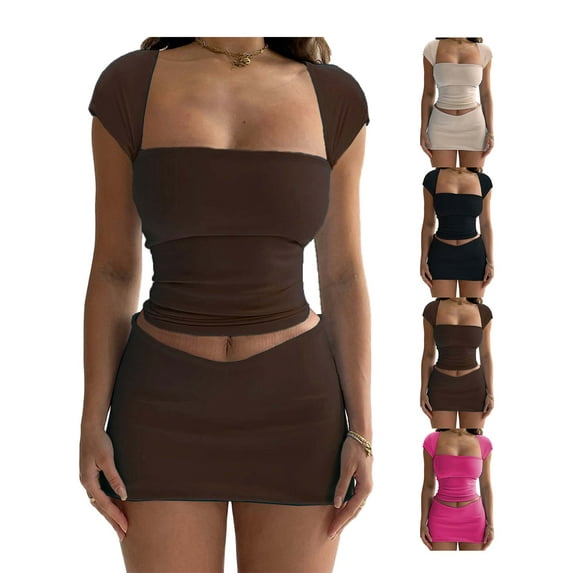 KelaJuan Women 2pcs Summer Outfits Solid Color Backless Short Sleeve T-shirt and Casual Elastic Mini Skirt Set