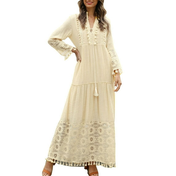 KelaJuan Women Bohemian Vacation Dress Casual Floral Lace Long Sleeve Flowy Beach Party Dress with Tassels for Club Streetwear