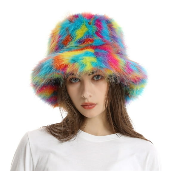 KelaJuan Women Bucket Hat Fuzzy Multicolor Fisherman Cap Cute Plush Hat for Autumn Winter