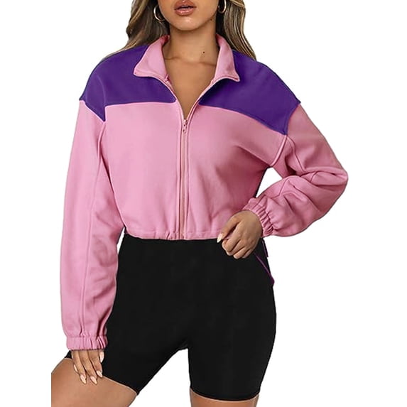 KelaJuan Women Casual Jacket, Long Sleeve Stand Collar Contrast Color Zipped Workout Jacket Crop Jacket