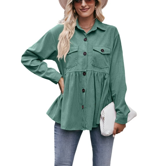KelaJuan Women Corduroy Button up Shirt Solid Color Casual Long Sleeve Blouse Loose Work Tops with Pockets for Streetwear