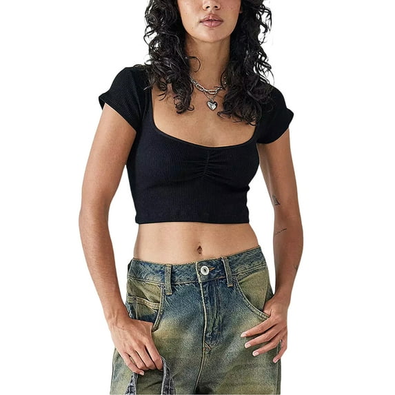 KelaJuan Women Crop Basic T-Shirts Summer Solid Color Ruched Short Sleeve Tops Casual Pullovers for Streetwear Aesthetic Grunge Clothes