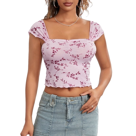KelaJuan Women Crop Floral T-Shirts Summer Short Sleeve Basic Tops Casual Pullovers for Streetwear Aesthetic Grunge Clothes