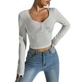 thumbnail image 1 of KelaJuan Women Crop Ribbed Knit Tops Solid Color 1/2 Button Long Sleeve Shirt Casual Pullovers for Club Streetwear, 1 of 6