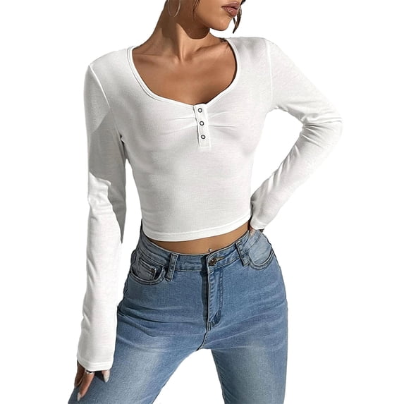 KelaJuan Women Crop Ribbed Knit Tops Solid Color 1/2 Button Long Sleeve Shirt Casual Pullovers for Club Streetwear