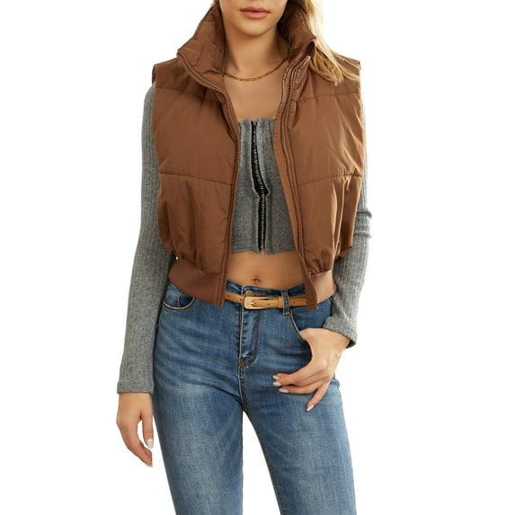 KelaJuan Women Cropped Puffer Vest Solid Color Warm down Jacket Zipper Cardigan for Winter Outwear Streetwear