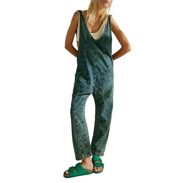 KelaJuan Women Denim Bib Overalls Solid Color Loose Straight Leg Jumpsuit Romper Pants with Pockets for Streetwear