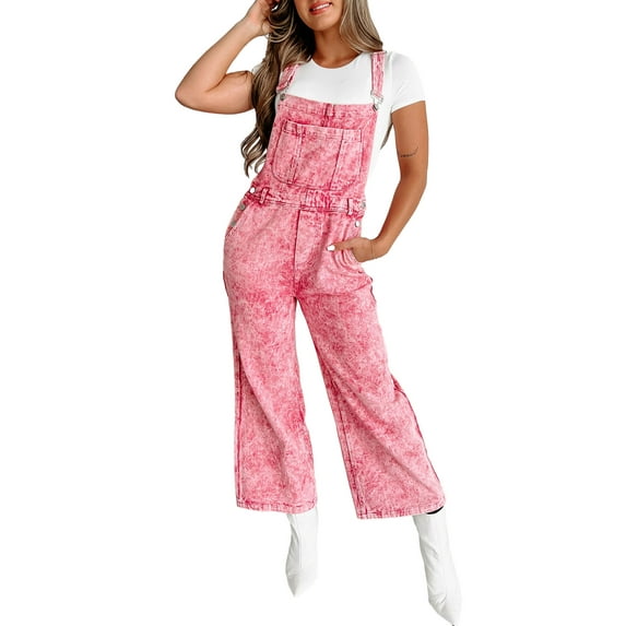 KelaJuan Women Denim Bib Overalls Solid Color Loose Wide Leg Jumpsuit Romper Pants with Pockets for Streetwear