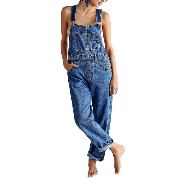 KelaJuan Women Denim Long Jumpsuit Casual Spaghetti Strap Wide Leg Romper Pants Summer Baggy Bib Overalls